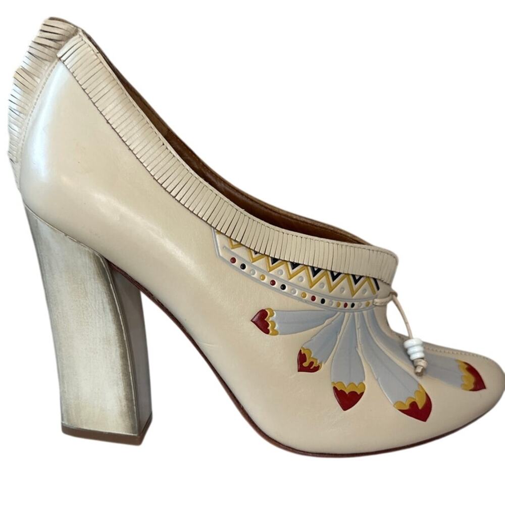 Tory Burch Yuma Fringe Feather Heel 7.5 Folk Art Block Pump - Picture 7 of 13